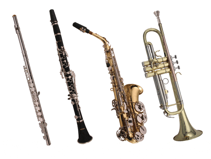 A collection of four musical instruments awaits, perfect for raising musical children: a silver flute, a black and silver clarinet, a brass saxophone with dazzling keys, and an elegant trumpet. Set against a white background, they inspire the joys of music education from an early age.