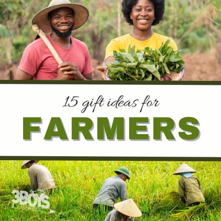 Two people smiling with farming tools and fresh vegetables above the text "Gift Ideas for Farmers." Below, three people work diligently in a sprawling field.