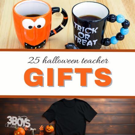 Two festive mugs, one with googly eyes and the other adorned with Trick or Treat lettering, sit on a table beside a stack of 25 Halloween Teacher Gifts. A black T-shirt, small pumpkins, and the 3BOYS logo add to the spooky seasonal charm.