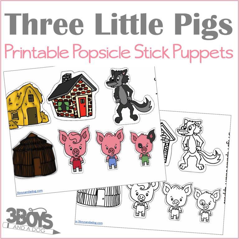Image of a Three Little Pigs printable popsicle stick puppet set, perfect for preschool cutting practice. Includes a wolf, three pigs, and houses made of straw, sticks, and bricks. The design is cartoonish with cut-out sections for DIY assembly.