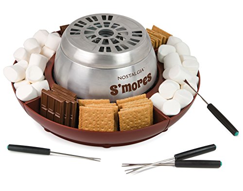 Nostalgia Tabletop Indoor Electric S'mores Maker - Smores Kit With Marshmallow Roasting Sticks and 4 Trays for Graham Crackers, Chocolate, and Marshmallows - Movie Night Supplies - Brown