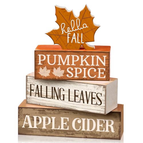 Moucuny 4 Pcs Fall Decor Wooden Maple Leaf Decoration Fall Tiered Tray Decor Rustic Wooden Maple Leaf Block Sign Gift Thanksgiving Table Centerpiece Farmhouse for Autumn Harvest Party Home Kitchen