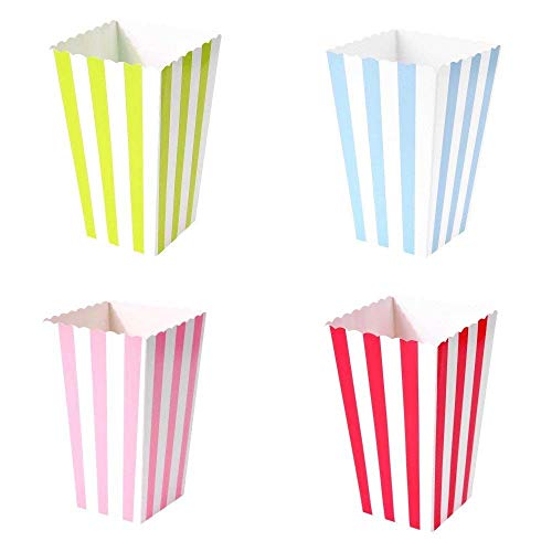JZK 48 Stripe Multicolore Small Paper Popcorn Treat Boxes Cups Buckets Kids Birthday Party Favours Gift Box Sweets Food Snacks Holders Container, Pink Blue red Green