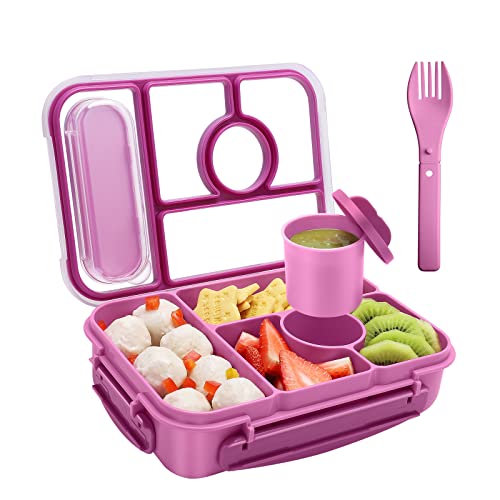 Amathley Bento box adult lunch box,lunch box kids,lunch containers for Adults/Kids/Toddler,5 Compartments bento Lunch box for kids with Sauce Vontainers,Microwave & Dishwasher & Freezer Safe, BPA Free(Purple)