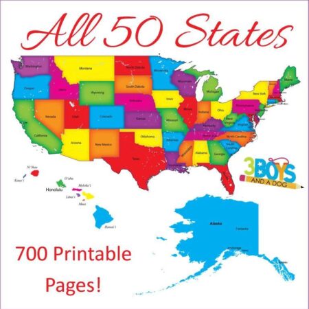 Map of the United States with each state in a different color. Text reads: All 50 States and 700 Printable Pages! Explore detailed Washington State Fact File Worksheets. Logo in the corner says 3 Boys and a Dog.