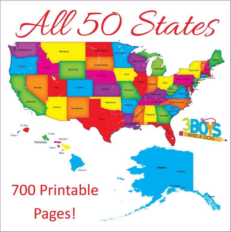Map of the United States highlighting each state in different colors, with bold text reading All 50 States. Additional small maps showcase Alaska and Hawaii. Perfect for Georgia Kids, the text at the bottom reads 700 Printable Pages! alongside a logo for 3 Boys and a Dog.