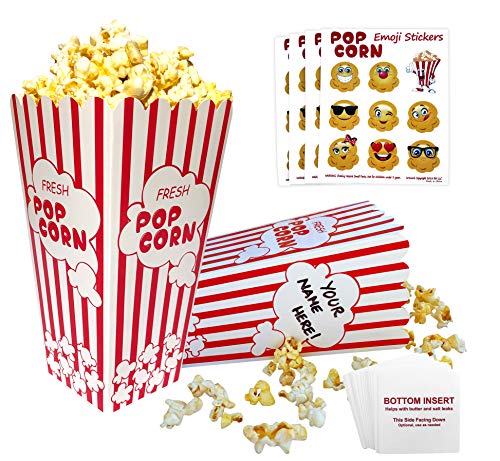 Popcorn Boxes That Don&rsquo;t Leak &ndash; Bottom Insert Card Helps Prevent Leaks, Kids Love The Emoji Stickers, (32 Pack) 7.75 Inches Tall & Holds 48oz. Movie Night Red and White Striped Container Holders