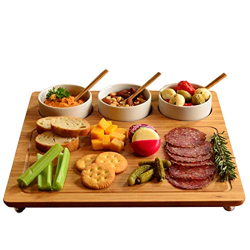 Picnic at Ascot Bamboo Cheese Board/Charcuterie Platter - Includes 3 Ceramic Bowls with Bamboo Spoons - 13