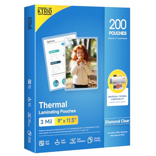 KTRIO Laminating Sheets, Hold 8.5 x 11 inch Sheets 200 Pack, 3 Mil Clear Thermal Laminate Pouches 9 x 11.5 inch Lamination Sheet Paper for Laminator, Round Corner Letter Size, School & Office