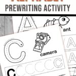 Two alphabet worksheets for handwriting practice. The sheets feature large letters A and C, with related images and words: ant and camera. Includes traceable letters and guided prewriting lines on a wood-textured background.