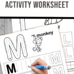 Workbook cover with Alphabet Activity Worksheet text. Background shows a person using a crayon to trace the letter M next to a cartoon monkey labeled monkey. Ideal for prewriting practice, this engaging resource enhances alphabet skills through fun and interactive worksheets.