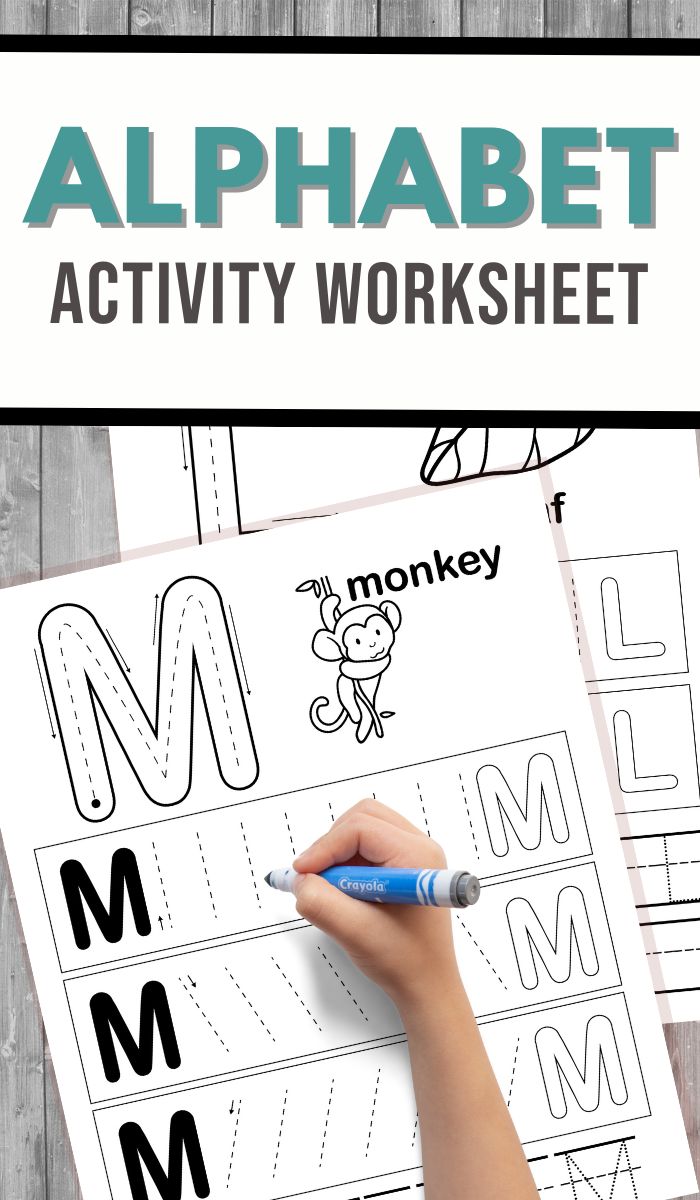 Workbook cover with Alphabet Activity Worksheet text. Background shows a person using a crayon to trace the letter M next to a cartoon monkey labeled monkey. Ideal for prewriting practice, this engaging resource enhances alphabet skills through fun and interactive worksheets.