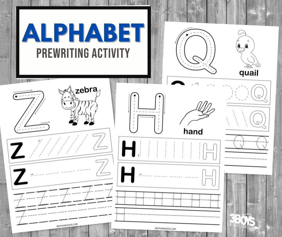 Alphabet prewriting worksheets on a wooden background feature a zebra for Z, a hand for H, and a quail for Q. Includes tracing and writing exercises to help master letters Z, H, and Q.