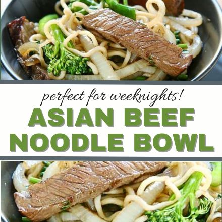 A bowl of Asian Beef Noodle Bowl stir-fry with sliced beef, noodles, onions, and broccoli. Text overlay reads perfect for weeknights! ASIAN BEEF NOODLE BOWL in bold green and black lettering.