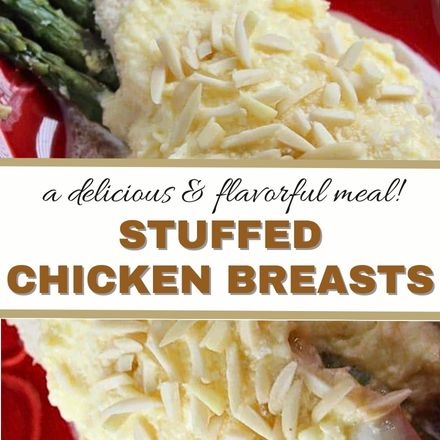 Close-up of Asparagus Stuffed Chicken Breasts topped with slivered almonds on a red plate, with text overlay: a delicious & flavorful meal! STUFFED CHICKEN BREASTS.