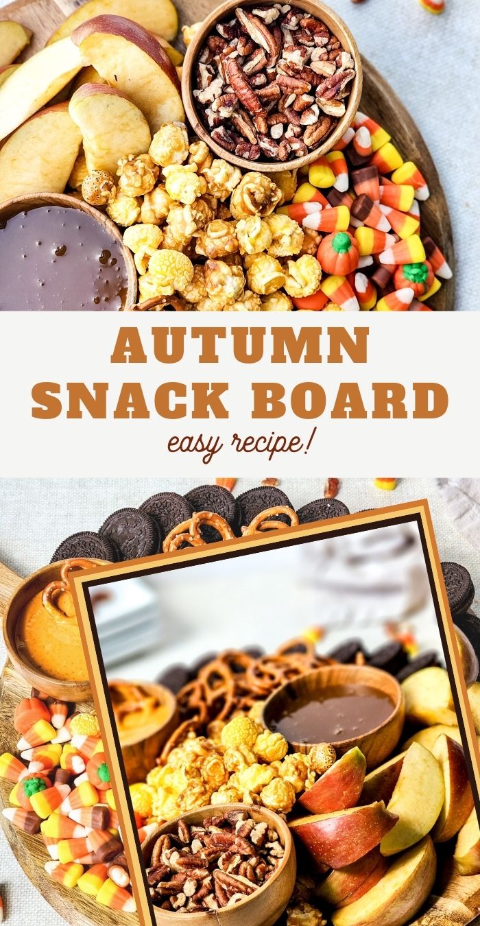 A wooden board brimming with autumn snacks like apples, pecans, popcorn, candy corn, pretzels, and sandwich cookies is beautifully displayed. The text Easy Autumn Snack Board Recipe graces the image.
