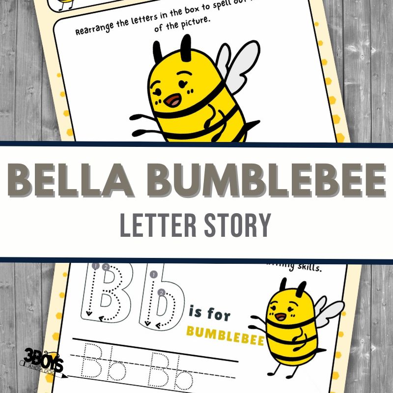 Introducing the Bella Bumblebee Letter B Story Printable Packet, a children's worksheet featuring a cartoon bumblebee. Enjoy activities like rearranging letters and tracing the letter B, all set against a charming wooden background. Perfect for young learners seeking fun and education!