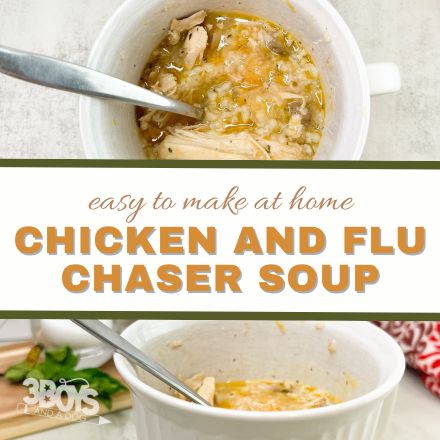 A bowl of spicy chicken soup with a spoon, featuring chunks of chicken, rice, and herbs. The text reads easy to make at home: Chicken and Flu Chaser Soup. A red and white cloth is partially visible on the side.