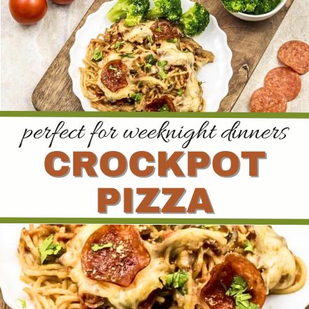 A plate of Crockpot Pizza pasta topped with melted cheese and pepperoni, served with broccoli. Text reads: Perfect for weeknight dinners. Enjoy the comforting flavors of Crockpot Pizza in every bite!.