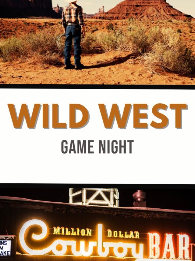 A person in a cowboy outfit stands in a wild-west desert landscape. Below, the text reads Wild West Game Night. At the bottom, under the night sky, a neon sign glows with Million Dollar Cowboy Bar.