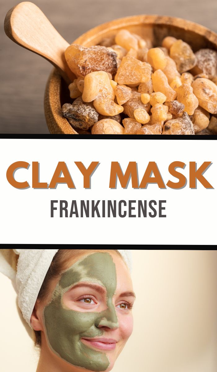 A bowl of frankincense resin, a text reading Clay Mask: Frankincense, and a smiling woman with a green clay mask on her face, wearing a white towel on her head. Discover the magic behind our soothing Frankincense Clay Mask Recipe for radiant skin.