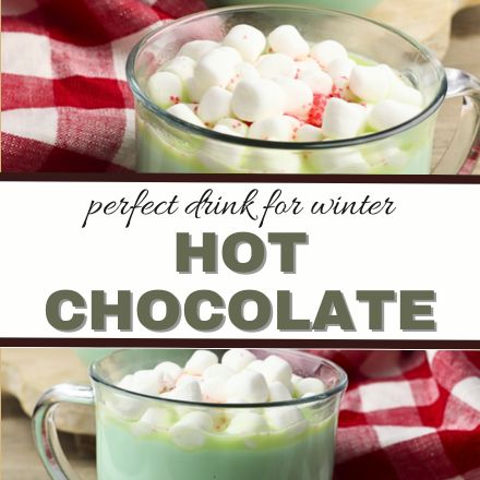A clear mug of hot chocolate topped with mini marshmallows sits on a red and white checkered cloth. Text over the image reads: Perfect drink for winter. Try this Easy Mint Hot Chocolate Recipe. HOT CHOCOLATE.