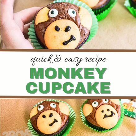A hand holds a cupcake decorated as a monkey face with chocolate and vanilla frosting. Below, two more monkey face cupcakes sit on a tan surface. Text reads: quick & easy monkey cupcake recipe.