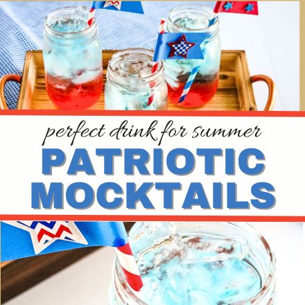 Three mason jars filled with red, white, and blue layered drinks sit on a wooden tray, each with ice and star-themed straws. Text overlay reads: perfect drink for summer. Try this easy Patriotic Mocktail Recipe for your celebrations!.