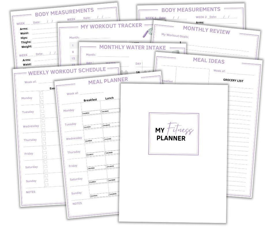 A fitness planner with several pages, like body measurements and a workout tracker, also features meal ideas such as a Cajun Chicken & Rice Soup recipe. Includes a monthly water intake log, weekly workout schedule, meal planner, body review section. Cover reads My Fitness Planner.