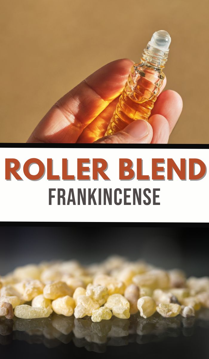 A hand cradles a small roller bottle of amber liquid, labeled DIY Frankincense Roller Blend, set against an image of resin pieces on a dark surface.