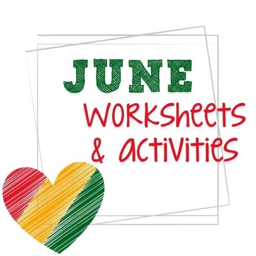 Text graphic with June Worksheets & Activities in green and red letters. A heart with diagonal stripes in yellow, red, and green sits on the left. The text overlays a stack of transparent squares, offering free homeschool worksheets by holiday themes.
