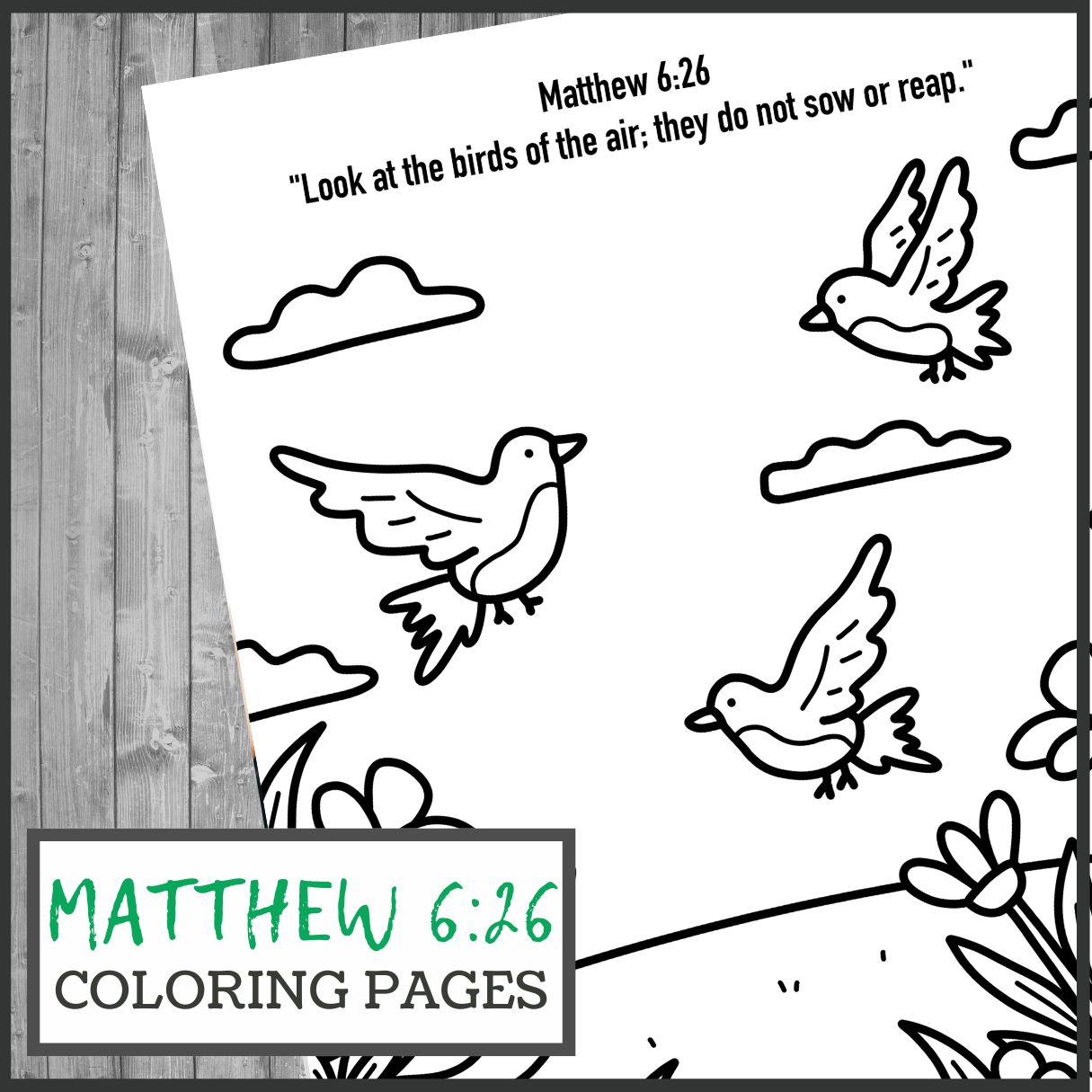A coloring page displays three outlined birds soaring through clouds above flowers and grass. The text reads, Matthew 6:26: Look at the birds of the air: they do not sow or reap. At the bottom, it is labeled as a Matthew 6:26 Coloring Page.