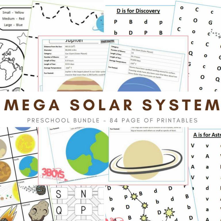 Collage of educational printables for preschoolers featuring the solar system and 3 Little Pigs preschool cutting practice. Includes planet images, coloring pages, and worksheets with words like D is for Discovery and A is for Asteroids. Title reads Mega Solar System Preschool Bundle.