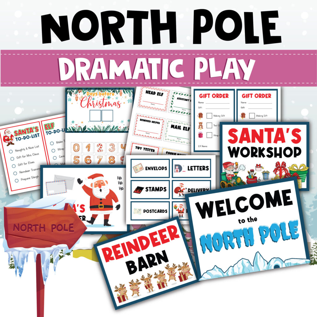 The North Pole Dramatic Play set features Santas workshop signs, reindeer barn labels, a North Pole signpost, and activities like gift orders and Santas to-do lists. It also includes Grinch Decoding Worksheets to add extra festive fun against the snowy backdrop.