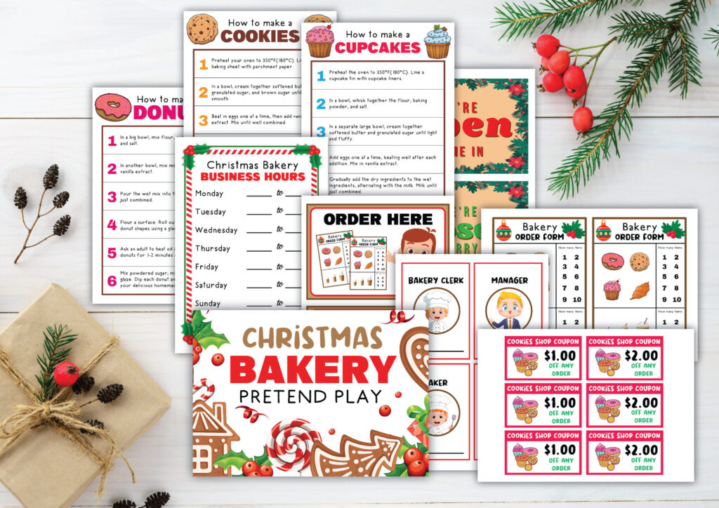 A collection of colorful Christmas bakery pretend play printables, including Grinch Decoding Worksheets, are spread out on a wooden surface, accompanied by a small wrapped gift and sprigs of pine with red berries. The printables feature cookie and cupcake recipes, signs, and order forms.