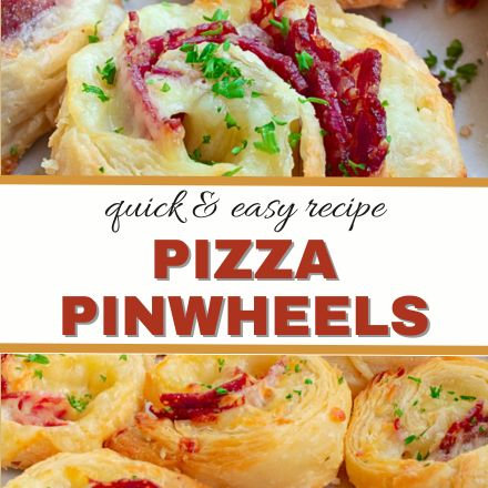 Close-up of golden-brown pizza pinwheels filled with cheese and bacon, garnished with chopped parsley. Text overlay reads: &ldquo;quick & easy Pizza Pinwheels Recipe.&rdquo;.