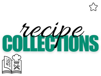 Text reading Recipe COLLECTIONS with recipe in cursive and COLLECTIONS in bold green. Theres a small open cookbook with a chefs hat, spoon, and fork icon on the lower left, and a star icon at the top right. Discover your culinary inspiration in this dynamic Recipe Index.