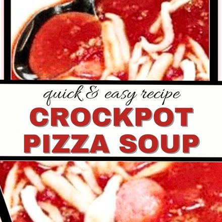Close-up of a bowl of Crockpot Pizza Soup, filled with red soup, noodles, and pepperoni slices. Text overlay reads quick & easy recipe CROCKPOT PIZZA SOUP.
