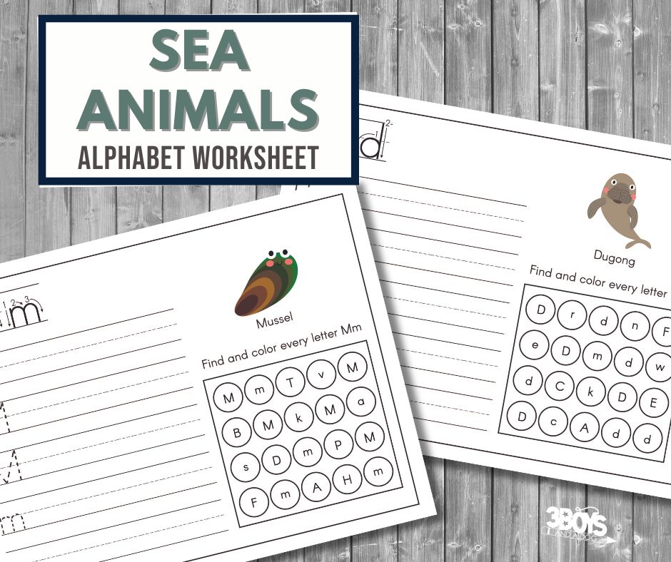 The Sea Animals Alphabet Worksheets Set features two charming pages on a wood background. One highlights a mussel with letter circles, the other showcases a dugong. Both include writing practice lines and engaging instructions to find and color specific letters.