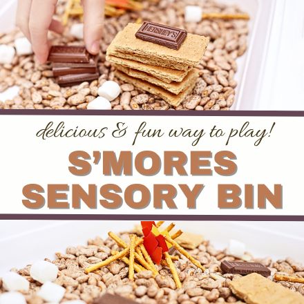The top image features graham crackers, chocolate pieces, and marshmallows on a cereal base. The bottom displays a sensory bin with cereal, pretzel sticks, and tasty treats. Text: A delicious & fun Kids Activity! Dive into this SMORES Sensory Bin for ultimate sensory play!.