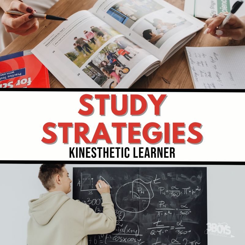 Two images depict study scenes. The top shows people reviewing textbooks and notes, engaging in effective learning techniques. The bottom features a person in a hoodie writing math equations on a chalkboard. Bold text between the images reads, Study Strategies for the Kinesthetic Learner.