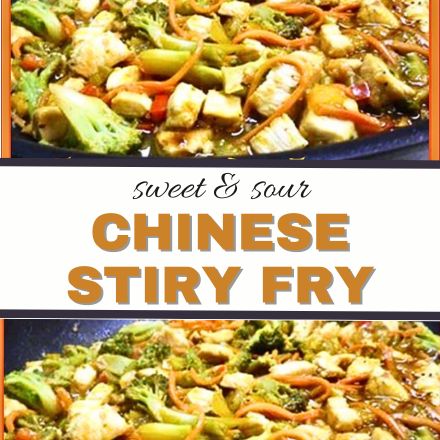 Colorful low calorie sweet and sour Chinese stir fry with tofu, broccoli, carrots, and bell peppers in a pan. Text overlay reads sweet & sour CHINESE STIR FRY.