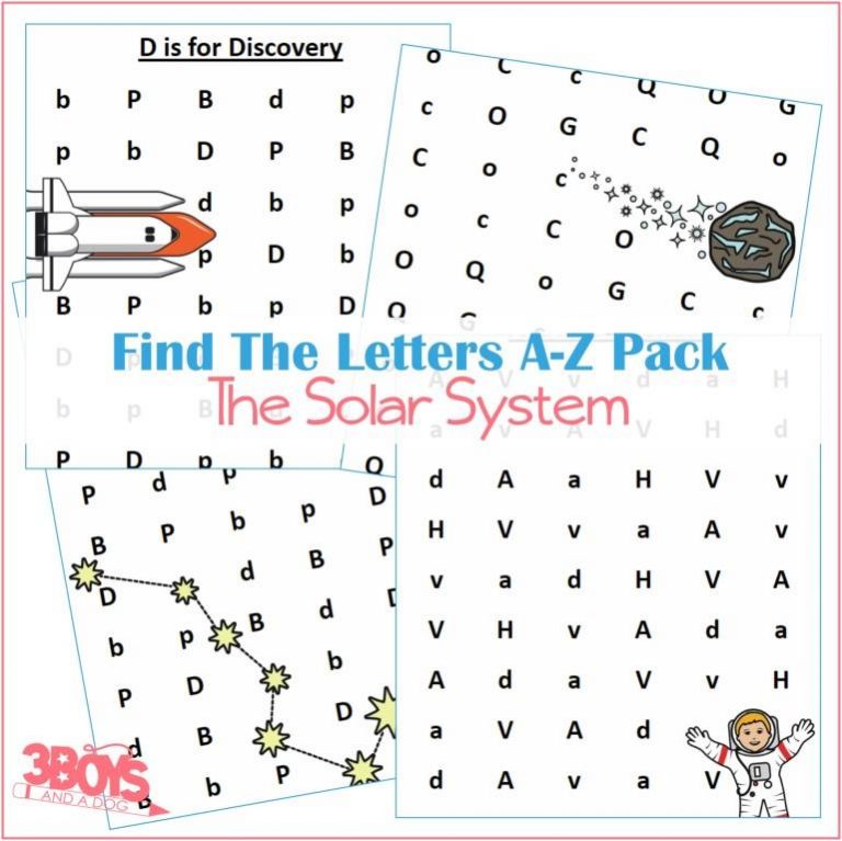 Childrens activity sheets with letter searches themed around the solar system, including a fun twist like W is for Watermelon Worksheets. Features a rocket, an asteroid, and a constellation connecting stars. Explore the Find The Letters A-Z Pack: The Solar System by 3 Boys and a Dog.