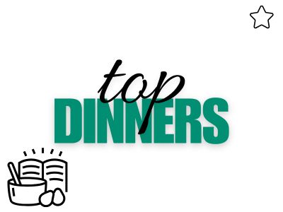 The image features the text Top Dinners with top in black script and DINNERS in bold teal. In the top right corner, a small black star adds charm. The bottom left showcases a black icon of a cookbook and cooking ingredients from our Recipe Index: Explore Delicious Recipes by Category.