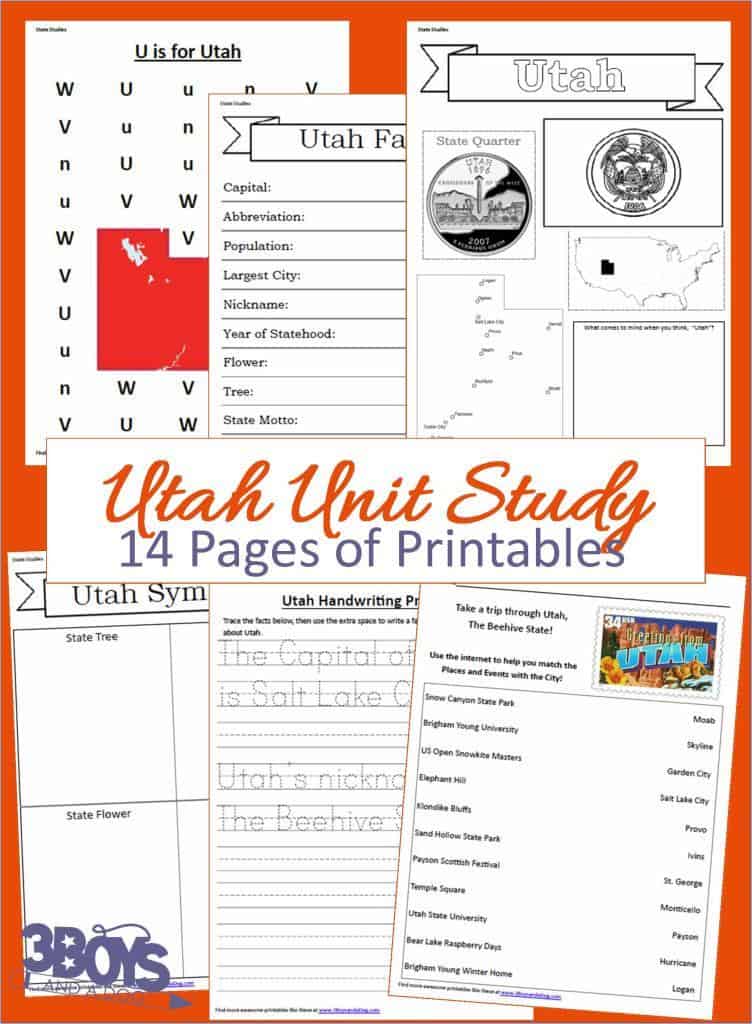 Collage of printable worksheets titled Utah Unit Study featuring Utahs flag, map, state quarter, symbols, and handwriting practice. In the center, 14 Pages of Printables is highlighted in an orange and white color scheme, including Utah State Fact File Worksheets for a comprehensive learning experience.