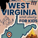 Illustrated poster for a West Virginia unit study for kids featuring a black bear, state outline, campfire, cardinal, and state flag. Includes text Interesting Facts, Books, Crafts, Activities like those in Tennessee for Kids with a cabin and mountains.