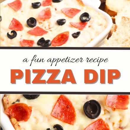A dish of pizza dip topped with melted cheese, pepperoni slices, and black olives, served with sliced bread. The text reads: a fun appetizer idea&mdash;try this Pizza Dip Recipe.