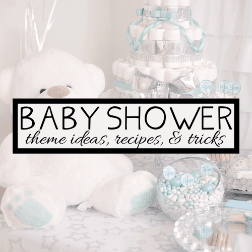 Everyday elegance comes to life in this charming baby shower setup featuring a large white teddy bear, a diaper cake adorned with blue ribbons, and bowls of blue and white candies. Text overlay reads: Celebrate with theme ideas, recipes, & tricks.