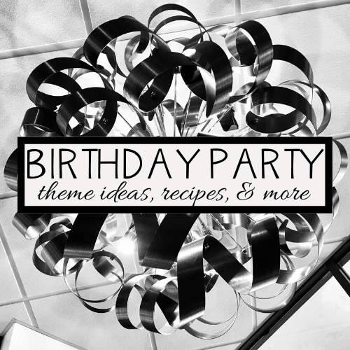 Black and white image of a decorative metal swirl chandelier on a ceiling. Overlaid text reads Birthday Party: Celebrate Everyday with theme ideas, recipes, & more.