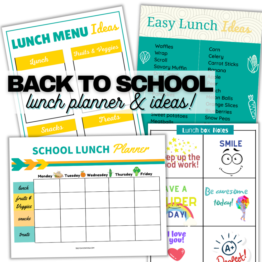 A collage of colorful school lunch planning sheets featuring a Cajun Chicken & Rice Soup recipe. Includes lunch menu ideas with fruits, veggies, and treats, a days-of-the-week planner, and inspirational notes for lunch boxes. Bold text reads Back to School lunch planner & ideas!.